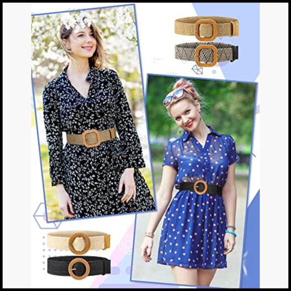 Straw Woven Elastic Skinny Belt with Rattan Buckle Adjustable Waist Band main image 6
